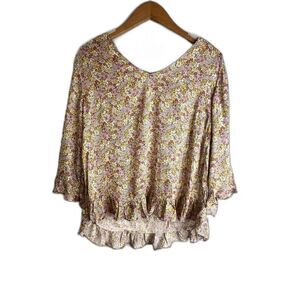 Rachel Zoe Cream Floral Print Boho Peasant Top with Ruffle Trim Size Large
